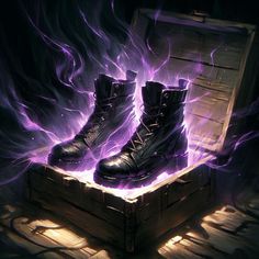 a pair of black boots sitting on top of a wooden box covered in purple flames