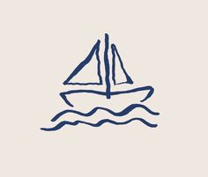 a sailboat floating in the ocean on a white background with blue lines drawn across it