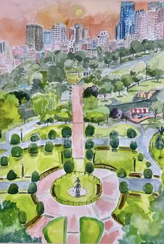 an aerial view of a park with trees and buildings in the background, watercolor on paper