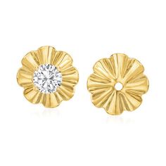 Ross-Simons - 14kt Yellow Gold Floral Earring Jackets. Add a feminine touch to your favorite studs with these 14kt yellow gold floral earring jackets! Curvy round jackets boast a dimensional, rippled look that will transform your plain earrings with a feminine, nature-inspired new look. Jackets accommodate approx. 6mm round earrings or 2.00 ct. t.w. diamond studs, sold separately. 14kt yellow gold floral earring jackets. Earring Jackets For Diamond Studs, Knot Stud Earrings, Pearl Jewels, Earring Jackets, Gold Jewelry Sets, Pearl Jewelry Sets, India Jewelry, Opal Earrings Stud, Natural Gold