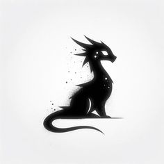 a black and white image of a dragon sitting on top of a hill with stars in the sky