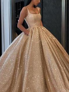 Ball Gown Ruffles Square Sleeveless Floor-Length Dresses - Prom Dresses Golden Prom Dress, Satin Ball Gown Wedding Dress, Gown With Pockets, Quinceanera Dresses Gold, Sequin Ball Gown, Satin Ball Gown, Formal Evening Gown, Prom Dresses With Pockets, Long Prom Gowns