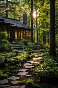 a house in the woods with stepping stones leading to it's front door and windows