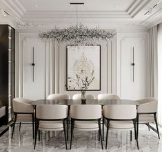 an elegant dining room with white chairs and a chandelier hanging from the ceiling