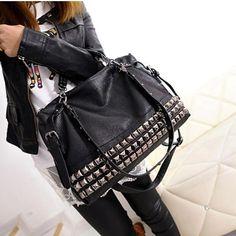 Black Studded Large Capacity Women's Leather Handbag Edgy Leather Shoulder Bag With Large Capacity, Edgy Large Capacity Leather Shoulder Bag, Edgy Large Capacity Satchel Shoulder Bag, Edgy Leather Bag For Daily Use, Riveted Satchel Shoulder Bag, Leather Satchel Shoulder Bag With Rivets, Chic Leather Bags With Rivets, Rectangular Leather Bag With Rivets, Trendy Shoulder Bag With Rivets For Daily Use