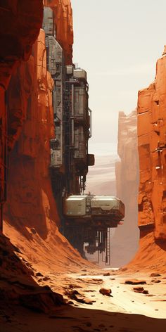 a sci - fi city in the desert surrounded by red rocks and cliffs, as seen from an alien base