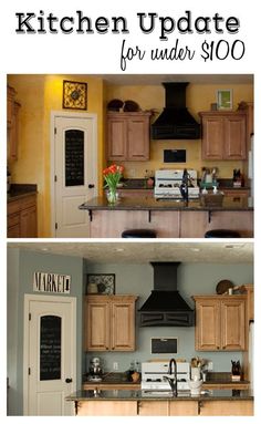 two pictures of kitchen cabinets with the words kitchen update for under $ 100 on them