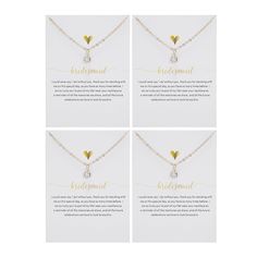 four different styles of bridesmaid necklaces with gold hearts on the front and back