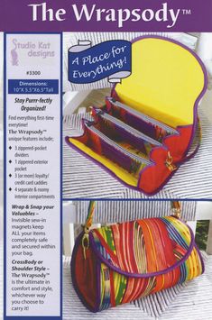 an advertisement for a purse made out of colorful fabrics and zippers, with instructions on how to make it