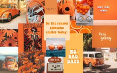 an orange and white collage with some pictures