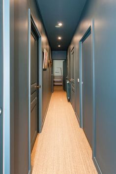 an empty hallway leading to another room with blue walls and wood flooring on both sides