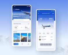 two smartphones with travel app screens on them, one showing an airplane and the other displaying