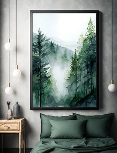 a painting hanging on the wall above a bed in a room with green sheets and pillows