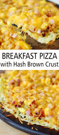 breakfast pizza with hashbrown crust and bacon on it is ready to be eaten