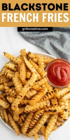 french fries on a white plate with ketchup and mustard in the background text reads black stone french fries