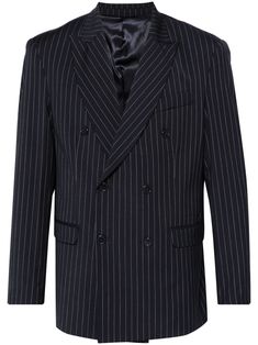 midnight blue pinstripe pattern double-breasted button fastening peak lapels long sleeves with buttoned cuffs logo tag to the cuff chest welt pocket dart detailing two side flap pockets English rear vents two internal slip pockets full satin lining straight hem Pinstripe Pattern, Balenciaga Track, Logo Tag, Balenciaga Triple S, Family First, Custom Watch, Short Suit, Sweaters Knitwear, Dart