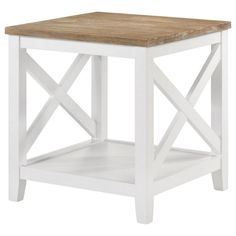 a white end table with a wooden top