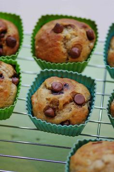 chocolate chip muffins cooling on a wire rack