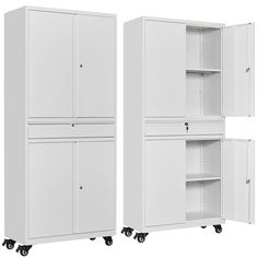 two white cupboards with wheels on each side and the doors open to reveal shelves