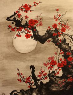 a painting with red flowers on it and a tree in the foreground is a full moon