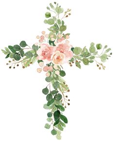 a cross with pink flowers and green leaves on the side, painted in watercolor