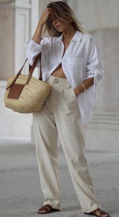 How to Style the Coastal Grandmother Trend, old money, coastal grandma, classy outfits, old money style, vest outfit, linen outfit, blue button down, striped sweater Coastal Chic Outfit, White Linen Shirt Outfit, Old Money Coastal, Straw Bag Outfit, Flowy Linen Pants, Hm Outfits, Linen Shirt Outfit, Beige Linen Pants, Striped Sweater Outfit