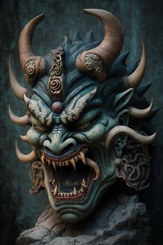 a statue of a demon with horns and fangs