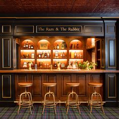 a bar with stools in front of it