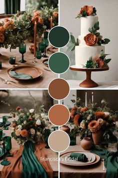 the table is decorated with orange and green flowers, greenery, candles, and cake