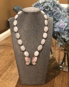 One of a kind, Mother of Pearl Butterfly Necklace Pearl Butterfly, White Jade, Jade Beads, Butterfly Necklace, Butterfly Pendant, Beautiful Butterflies, Simply Beautiful, Jewelry Designs, Mother Of Pearl