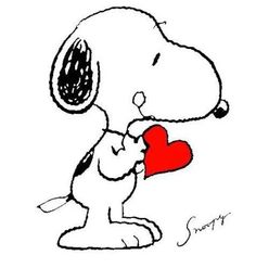 a drawing of a snoopy holding a heart in his hand and looking at it