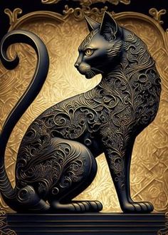 a black cat sitting on top of a gold and black plaque with an ornate design