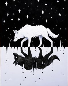 a painting of a wolf walking across a snow covered field with stars in the sky