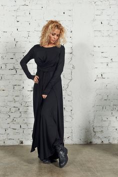 "Black Wedding Dress, Black Maxi Dress, Plus Size Dress ♠ An outstanding flowy maxi dress that is double layered and could be styled in multiple ways. The base of this piece falls heavily, while the top sheer layer is light and airy, creating heavenly movement. Wear this gorgeous dress as a loose robe, or wrapped in the waist - it's up to your mood. One of our most loved creations. ♠ Sizes The model on the picture is 168 cm/5'5\" tall and is wearing size М. Have a look at my Size Chart to make s Gothic Maxi Dress For Spring Evening, Gothic Evening Maxi Dress For Spring, Gothic Maxi Dress For Spring, Spring Gothic Maxi Dress, Elegant Long Sleeve Dresses For Alternative Fashion, Black Floor-length Maxi Dress For Fall, Gothic Maxi Dress For Party, Elegant Black Dress For Alternative Fashion, Black Full-length Maxi Dress For Fall