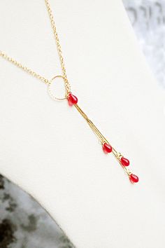 gift/for/her gold red necklace gift/for/girlfriend red jewelry Teardrop Adjustable Chain Necklace For Party, Teardrop Necklace With Adjustable Chain For Party, Modern Dangle Drop Necklace For Gifts, Modern Dangle Drop Necklace As Gift, Teardrop Party Necklace With Adjustable Chain, Elegant Teardrop Dangling Beads Necklaces, Teardrop Lariat Necklace For Party, Elegant Teardrop Necklaces With Dangling Beads, Elegant Teardrop Dangling Beads Necklace