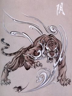 a drawing of a tiger leaping over a wave