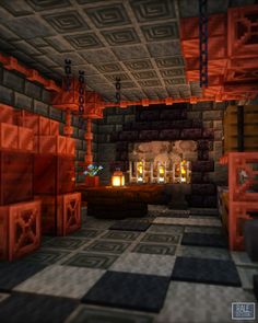 an image of a minecraft living room with candles on the fireplace and couches