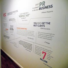 an office wall with business signs on it