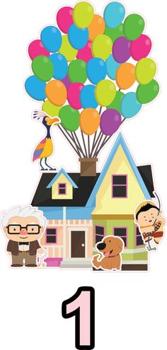 the number one is in front of a house with balloons on it and an image of two