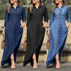 Trendy Fashion Plus Size Ladies Kaftan Womens Casual Blouson Long Sleeve Maxi Denim Shirt Dress, Dresses Long Denim Dress, Long Sleeve Denim Dress, Button Maxi Dress, Midi Dress Plus Size, Denim Outfits, Denim Maxi Dress, Denim On Denim, Casual Chique, American Denim