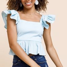 Nwt Francesca’s Bow Back Peplum Top Size: L Color: Baby Blue Open Back, Ties Into Bow Material: 95% Cotton, 5% Spandex, 100% Rayon Lining Stretchy Nwt Approximate Measurements Taken Flat: Waist: 14.25” Length: 14” Bust: 15.75 Cute Fitted Ruffle Tops, Cute Fitted Blouse For Brunch, Cute Fitted Tops For Brunch, Chic Blue Summer Top, Cute Fitted Tops For The Beach, Cute Light Blue Tops For Day Out, Light Blue Fitted Summer Tops, Light Blue Feminine Ruffle Tops, Cute Fitted Blue Blouse