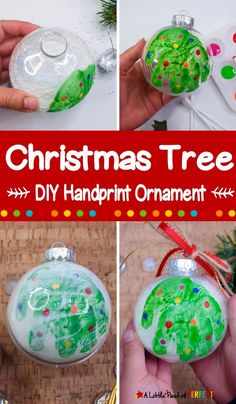 christmas tree ornament with handprinted ornaments on it and the words, christmas tree diy handprint ornament