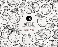 an apple background with lots of different types of apples in black and white, including the number