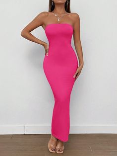 Split Back Tube Summer Women Dress Hot Pink Elegant  Sleeveless Fabric Plain Bodycon Slight Stretch Summer Women Clothing, size features are:Bust: ,Length: ,Sleeve Length: Pink Stretch Bodycon Dress With Straight Neckline, Pink Bodycon Strapless Sleeveless Dress, Hot Pink Dresses, Long Bodycon Dress, Casual Summer Tops, Pink Vibes, Grad Dresses, Women Long Dresses, Pink Outfit