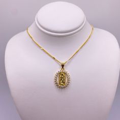 Gold plated necklace Pendant measurement: 1.8 cm x 1.4cm Chain measurement: 1mm thickness. 18” long Gold Necklaces With Figaro Chain And Oval Pendant, Virgencita Necklace, Keychain Necklace, Anklet Bracelet, Gold Plated Bracelets, Evil Eye Necklace, Evil Eye Bracelet, Evil Eye Jewelry, Eye Jewelry