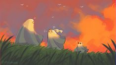 two cartoon characters standing in front of a fire and grass field with birds flying overhead