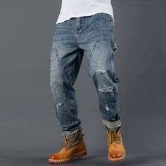 American Washed Ripped Loose Multi Pocket Straight Jeans Casual Ripped Denim Blue Cargo Jeans, Casual Non-stretch Jeans With Zipper Closure, Casual Denim Jeans With Zipper Closure, Casual Ripped Jeans For Winter, Casual Winter Cargo Jeans In Denim, Winter Denim Bottoms With Zipper Closure, Winter Casual Cargo Jeans In Denim, Winter Casual Cargo Jeans, Casual Dark Wash Pants With Zipper Closure