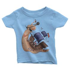 a blue t - shirt with an image of a snail riding a ship on it