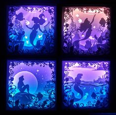 the silhouettes of disney's little mermaid are shown in four different colors