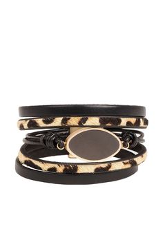 Leather stacked bracelet with stone center. Magnetic clasp. Approx. 19cm. Imported Adjustable Black Band Leather Bracelet, Adjustable Leather Bracelet With Magnetic Closure, Adjustable Leather Bracelets With Magnetic Closure, Leopard Bracelet, Bracelet With Stone, Cloth Store, Household Chores, Magnetic Clasp, Bracelet Stack